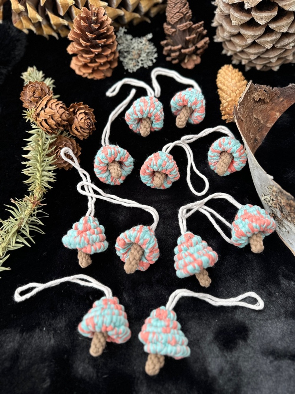Handmade Macrame Mini Tree Ornaments in Mint & Coral - Picture 3 of 9